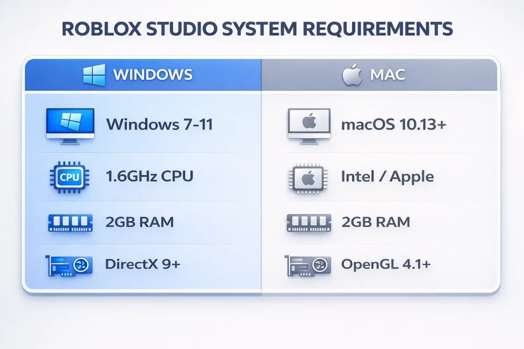 How to Download and install Roblox Studio on PC/Mac 1 Roblox Studio system requirements for Windows and Mac computers