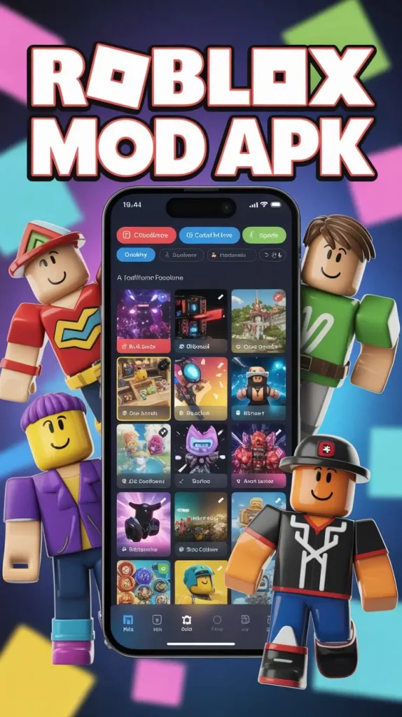 Roblox mod apk v2.701.966 (mod menu, unlimited robux, ) 5 Roblox Mod APK hero image showing mobile screen with Roblox dashboard, colorful Roblox characters, and bold title text.